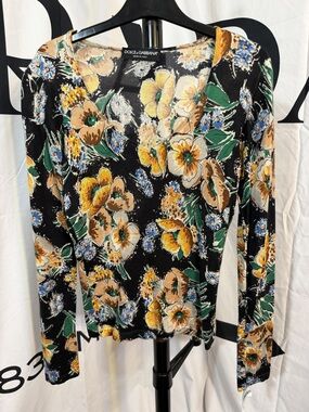 Dolce & Gabbana Women's V-Neck Sweater Black Multicolor Floral Size S Silk Knit